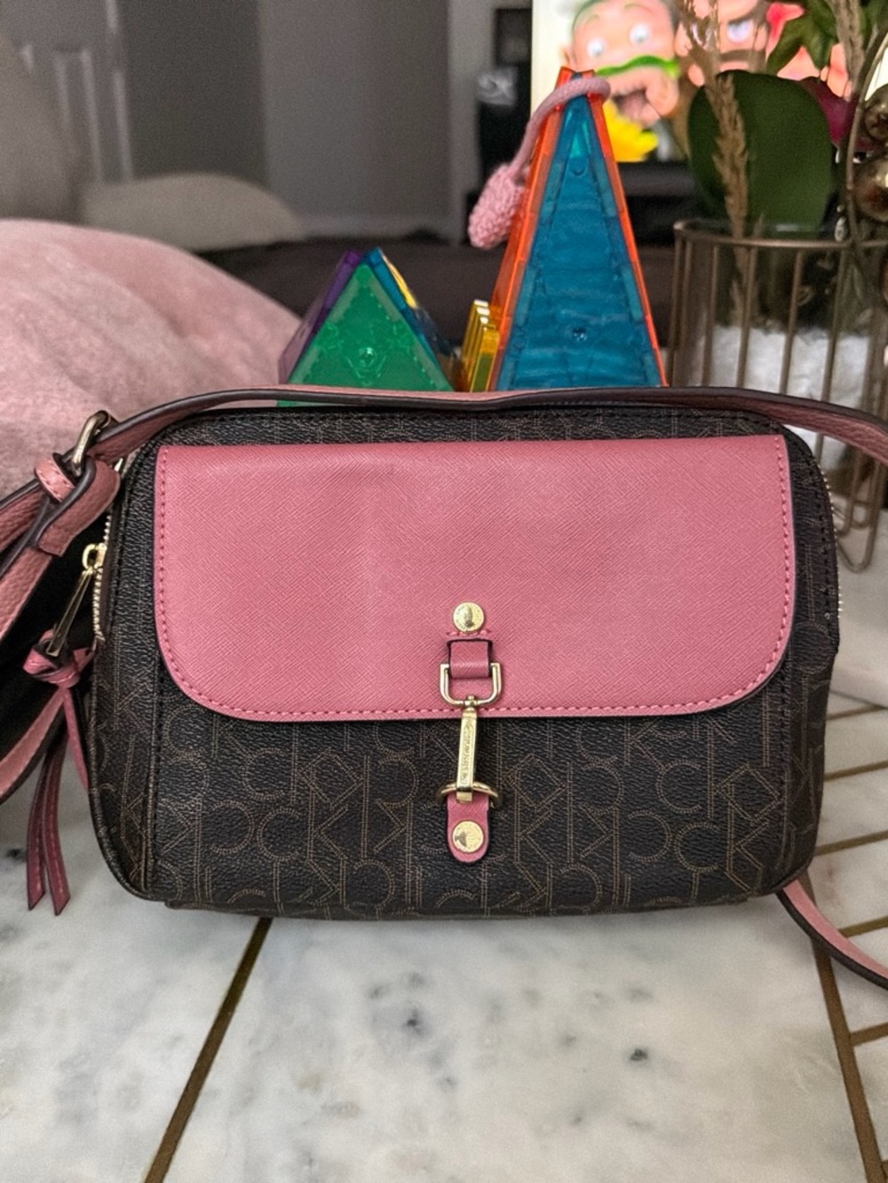 Calvin Klein Brown Crossbody with Pink Flap and Gold Hardware